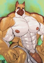 2016 4_fingers abs anthro balls barely_contained biceps big_balls big_pecs big_penis biped brown_claws brown_fur brown_nose brown_tail canine claws clothed clothing colt_miller digital_media_(artwork) erection eyebrows front_view fur german_shepherd half-length_portrait head_tuft hi_res huge_balls huge_cock hyper hyper_muscles hyper_penis looking_at_viewer male male_only mammal multicolored_fur muscular muscular_male navel nipples pecs penis pepsi_(fa) pink_nipples pink_penis portrait pubes serratus signature simple_background smile solo solo_male standing sukiyo tan_fur tan_tail textured_background topless underwear vein veiny_muscles veiny_penis white_bottomwear white_clothing white_fur white_tail white_underwear