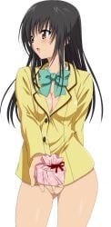 bowtie cleavage holding_present kotegawa_yui long_hair pussy third-party_edit to_love-ru to_love-ru_darkness white_background yellow_shirt