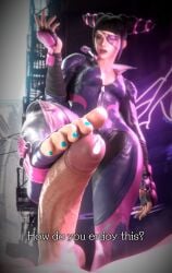 1boy 1girls 3d 3d_(artwork) asian_female balls black_hair breasts capcom clothed_female_nude_male clothes cum cum_dripping_from_penis detailed_background dialogue dominant_male english_text erect_penis erection eyepatch feet_on_penis female fingerless_gloves foot_fetish footjob juri_han light-skinned_female light-skinned_male male medium_breasts moragearliquid nail_polish penis purple_eyes street_fighter street_fighter_6 street_fighter_v submissive_male unseen_male_face