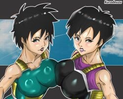 2girls areolae ass big_ass big_breasts big_butt black_hair breasts brown_eyes busty dragon_ball dragon_ball_super dragon_ball_z female female_only female_saiyan gine green-tinted_eyewear kurodeuzu large_ass large_breasts looking_back milf monkey_tail mother multiple_girls naked naked_female nipples nude nude_female pink_nipples saiyan saiyan_tail scouter seripa shiny sideboob take_your_pick thick_thighs thighs tinted_eyewear watermark wide_hips