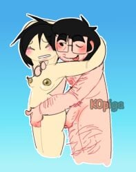 asian asian_female black_hair blur(band) breasts britpop dark_nipples female glasses gorillaz gradient_background graham_coxon hairy hairy_male k0piga male middle_aged middle_aged_male middle_aged_man musician noodle_(gorillaz) real_person small_breasts white_male younger_female