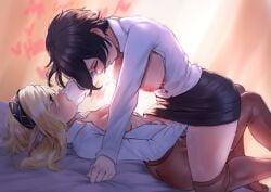 ass breasts_out clenched_teeth erochi female female_only fingering headband human looking_at_partner no_bra no_panties open_shirt pantyhose shirt short_hair skirt yuri