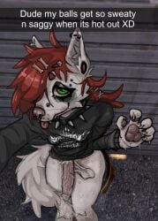 accessory after_masturbation alternative_fashion anthro arctic_wolf balls big_penis black_clothing bodily_fluids bridge_piercing canid canine canis clairemilk claws clothing ear_piercing emo erection exhibitionism eyebrow_piercing eyebrows eyeshadow facial_piercing fangs fluffy fluffy_hair fluffy_tail foreskin fur futanari gauged_ear genital_fluids genitals green_eyes hair hair_accessory hair_over_eye hairclip handpaw hi_res high-angle_view humanoid_genitalia humanoid_penis inner_ear_fluff intersex lip_piercing longsleeve looking_at_viewer makeup mammal masturbation multiple_piercings musk musk_clouds nose_piercing pawpads paws penis piercing precum pubes public public_masturbation public_nudity red_hair saggy_balls selfie sitting smile smiling_at_viewer snakebite_piercing snapchat solo spectral_wound spiked_cillar spots sweat tail teeth tongue tongue_out tuft uncircumcised vein veiny_balls veiny_penis video_game_background vylka white_body white_fur wolf