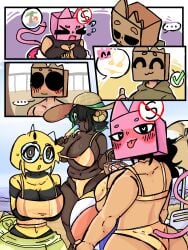 1boy 3girls ass ass_focus beach beach_ball bee big_breasts bikini bikini_bottom brown_body bugs cat_ears cat_girl cat_tail comic comic_page female glasses goat goat_girl golden_bikini golden_week green_eyes hat horn inkzan naked naked_female original original_character ponytail robot_girl stickman thick_ass thick_thighs thighs yellow_skin