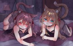 2girls blue_eyes brown_hair cat_ears cat_tail catgirl collar evil_neuro heart indie_virtual_youtuber neuro-sama pborzoi red_eyes ribbons see-through_clothes see-through_clothing see-through_dress virtual_youtuber vtuber