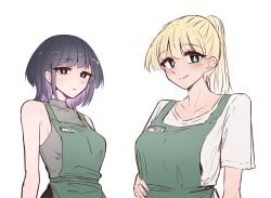 2girls apron arms bernin blonde_hair blush blush_lines clothed colored colored_inner_hair dark_hair ear ear_piercing expressionless female female_only green_apron green_eyes image_set looking_at_viewer matilda_(bernin) multicolored_hair name_tag original original_character original_characters pale-skinned_female pale_skin pink_hair saki_(bernin) shoulders simple_background slave_market sleeveless sleeveless_shirt smile tshirt white_background white_shirt