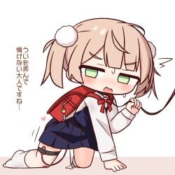 all_fours backpack bag blue_dress blush brown_hair commentary_request dress female full_body green_eyes hair_ornament hana_kazari highres indie_virtual_youtuber leash long_sleeves looking_at_viewer open_mouth pinafore_dress pom_pom_(clothes) pom_pom_hair_ornament randoseru school_uniform shigure_ui_(vtuber) shigure_ui_(vtuber)_(young) shirt short_hair sleeveless sleeveless_dress socks solo sweat translation_request twintails vibrator_in_thigh_strap virtual_youtuber white_shirt white_socks