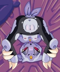 2025 2_fingers 2_toes absurd_res anthro anus areola bed black_clothing black_leggings black_legwear blush bodily_fluids body_blush chest_tuft claw_fingers claws clitoris clothing eyebrows fangs feathers feet felid female fingers flat_chested forehead_gem fur furniture gem generation_8_pokemon genitals hi_res hisuian_form hisuian_sneasel holding_toes leggings legwear looking_at_viewer lying mammal markings multicolored_body multicolored_fur nintendo nipples nude on_back on_bed pokemon pokemon_(species) ponporio presenting purple_body purple_fur purple_skin pussy red_eyes regional_form_(pokemon) sharp_teeth simple_background sini_(duraspaz) smile solo sweat tail tail_feathers teeth toes tongue tongue_out torn_clothing torn_legwear tuft two_tone_body two_tone_fur vulva vulva_blush yellow_gem