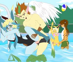 anthro asuka_(winged_leafeon) ball bikini blonde_hair blush breasts brown_hair clothed clothed_sex clothing cum cum_in_pussy cum_inside eeveelution eyewear feline female glaceon glasses green_eyes hair jolteon leafeon lee_(winged_leafeon) male mammal multicolored_hair nataly-b nintendo nipples penetration pokémorph pokemon pokemon_(species) pool_(disambiguation) sex straight swimsuit tiger vaginal_penetration video_games water wings zelda_(winged_leafeon)