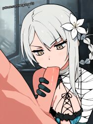 1girls ai_generated breasts brown_eyes fellatio female kaine_(nier) male medium_breasts nier nier_(series) penis pov sergunyaa23 tagme white_hair