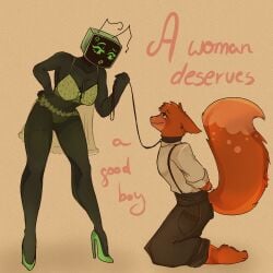 anthro bondage collar dandy's_world dandys_world_oc dominant_female fox furry leash_pull lingerie oc ocxcanon submissive_male tv_head vee_(dandy's_world)