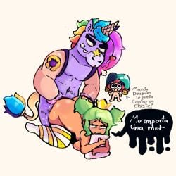 berry_(brawl_stars) brawl_stars chester_(brawl_stars) crown cuckold dark-skinned_female doggy_style green_hair jester mandy_(brawl_stars) pillow red_hair stockings unicorn