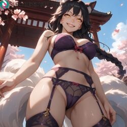 1girls ahri ahri_(league_of_legends) ai_generated animal_ear_fluff animal_ears artist_name artist_signature ass_visible_through_thighs black_hair bow bow_panties bra braid breasts cameltoe fox_ears fox_girl fox_tail from_below garter_belt grin hi_res high_resolution highres kurutai large_breasts league_of_legends league_of_legends:_wild_rift lingerie long_hair looking_at_viewer multiple_tails navel outdoors panties purple_panties riot_games smile solo subscribestar subscribestar_username tail teeth thighhighs uncensored underwear underwear_only yellow_eyes