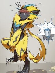 ambiguous_gender anthro bodily_fluids bucket colored container drooling emanata generation_7_pokemon genital_fluids grey_background hand_on_crotch legendary_pokemon narrowed_eyes nintendo omorashi peeing pokemon pokemon_(species) potty_dance saliva shaking simple_background solo squint sweat tears trembling urine urine_pool wasawasa watermark zeraora