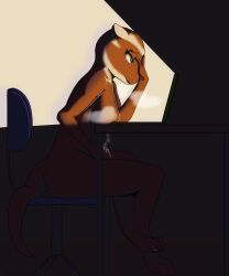 absurd_res anthro bodily_fluids breast_rest breasts bright_light brown_body brown_fur burnyburnstein chair computer crossed_legs cum cum_on_hand cum_on_penis digital_media_(artwork) ear_piercing ear_ring ejaculation electronics fur furniture futanari genital_fluids genitals green_eyes hand_on_face hand_on_penis hi_res inside intersex laptop mammal masturbation mustelid on_chair pale_fur pawpads penis penny_(burnyburnstein) piercing ring_piercing sitting sitting_on_chair solo solo_focus tail tapering_penis trans_(lore) trans_woman_(lore)