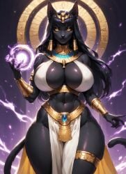 ai_generated anthro athletic_female aura bastet big_breasts black_cat black_fur black_hair cat_ears cat_tail claws cleavage curvy curvy_hips egyptian egyptian_cat egyptian_clothing egyptian_goddess egyptian_headdress egyptian_jewelry fierce furry furry_female goddess high_quality highres looking_at_viewer magic moonchild41 pelvic_curtain promptchan.ai thick_thighs yellow_eyes