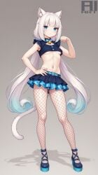 :< absurd_res ai_generated bell_collar belt_buckle blue_eyes breasts cat_ears cat_eyes cat_girl cat_tail catgirl clothed female fishnet_legwear gradient_hair hand_on_hip heel_boots light_blush looking_at_viewer low_twintails microskirt midriff navel paw_pose simple_background solo standing striped_panties thighs tie u_537542069 underboob vanilla_(sayori) watermark