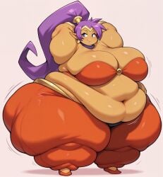 ai_generated bedroom_eyes belly_dancer belly_dancer_outfit belly_overhang big_belly big_breasts big_butt black_panties blue_eyes breasts choker earrings fat fat_folds female flabby_arms flabby_legs gauntlets genie genie_girl gold_earrings gold_gauntlets half_genie hands_behind_head harem_clothing harem_outfit harem_pants hybrid jewelry jiggle jiggling_ass jiggling_belly jiggling_breasts looking_aside obese obese_female obese_humanoid overweight overweight_female overweight_humanoid pointy_ears ponytail_(hair) purple_hair red_bra red_shoes seductive shantae shantae_(character) ssbbw tan_skin thick_thighs tiara wide_hips wobble wobbling_ass wobbling_belly wobbling_breasts