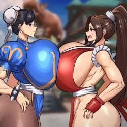 2girls akiman_pose animated asian asian_female asymmetrical_docking bouncing_breasts breast_contest breasts breasts_press breasts_pressed_together breasts_to_breasts censored censored_nipples chun-li fat_breasts fatal_fury female female_only garou:_mark_of_the_wolves gigantic_breasts huge_breasts jiggle jiggling jiggling_breasts king_of_fighters long_hair mai_shiranui miruyuyo street_fighter sumo_wrestling symmetrical_docking tagme video wardrobe_malfunction