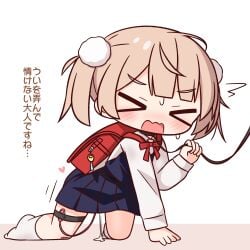 >_< all_fours backpack bag blue_dress blush brown_hair closed_eyes commentary_request dress female full_body hair_ornament hana_kazari highres indie_virtual_youtuber leash long_sleeves open_mouth pinafore_dress pom_pom_(clothes) pom_pom_hair_ornament randoseru school_uniform shigure_ui_(vtuber) shigure_ui_(vtuber)_(young) shirt short_hair sleeveless sleeveless_dress socks solo sweat translation_request twintails vibrator_in_thigh_strap virtual_youtuber wavy_mouth white_shirt white_socks