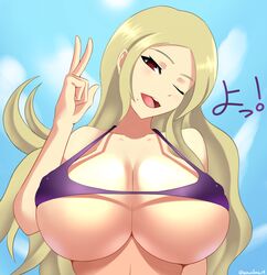 absurdres big_breasts bikini breasts cleavage female female_only highres large_breasts looking_at_viewer pointy_chin senran_kagura senran_kagura_shinovi_versus shiki_(senran_kagura) solo sowilo underboob v wink