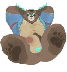 2025 4_toes anthro anus asian_clothing ass balls balls_markings bear big_butt body_hair brown_body brown_fur butt_from_the_front chest_hair chest_markings clothed clothing east_asian_clothing erection feet foot_focus foreskin full-length_portrait fur genital_markings genitals hairy hand_behind_head happy_trail hi_res hindpaw league_of_legends legs_up male mammal markings narrowed_eyes nipples open_clothing open_robe overweight overweight_male pawpads paws penis perineum portrait pseudo_eyebrows riot_games robe ruff simple_background solo spirit_blossom_springs_volibear tencent tengzai05 toes towel towel_on_head uncircumcised volibear white_background