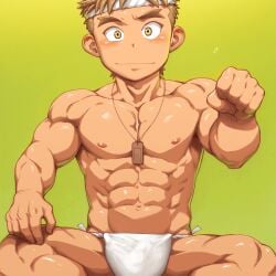 1:1 1boy abs armpits bara beefy biceps big_areola big_head blush brown_hair bulge bulge_through_clothing clenched_hand collarbone crossed_legs eyelashes fist flaccid forked_eyebrows frown fundoshi fundoshi_only gay genital_outline gesture gradient_background green_background hachimaki hand_on_leg headband hi_res hunk japanese_clothes kobucha looking_at_viewer male male_only manly mature_male muscles muscular muscular_arms muscular_legs muscular_male muscular_thighs navel necklace no_body_hair original original_character pecs quadriceps rokushaku_fundoshi round_eyes short_hair sitting six_pack smile smirk solo thick_eyebrows topless tough_guy triceps very_high_resolution white_fundoshi wide_eyed yaoi yellow_background yellow_eyes