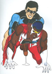 2boys batman_(series) captain_america_(series) crossover dark-skinned_male dark_skin dc dc_comics dick_grayson erect_while_penetrated gay human human_only interracial light-skinned_male light_skin male male_only male_penetrated marvel marvel_comics multiple_males nightwing sam_wilson straight_hair tagme the_falcon yaoi