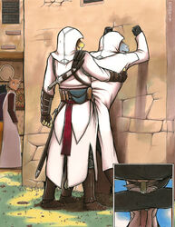 2007 2boys against_wall altair_ibn_la-ahad anal assassin's_creed assassin's_creed_(series) clothed_sex exhibitionism furry gay male male_only meesh outdoors penis penis_out public_sex sex traditional_media_(artwork) ubisoft yaoi