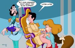 2006 bad_guy bent_over chair cinderella_(1950_film) cinderella_(disney) closed_eyes disney disney_prince disney_princess english_text fellatio female glass_slipper lipstick long_hair male oral penis penis_grab prince_charming text the_grand_duke