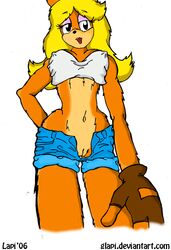 2006 anthro artist_name bandicoot big_breasts cleavage clothes crash_bandicoot_(series) crop_top deviantart_url erect_nipples female female_only fingerless_gloves front_view gloves hourglass_figure jean_shorts lapi_(artist) lipstick long_blonde_hair long_hair naughty_dog pussy red_lipstick shorts solo tawna_bandicoot underboob unzipped_shorts white_background