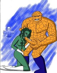 1boy 1girls 2004 big_breasts blowjob boots breasts fantastic_four fellatio female gloves green_hair green_skin hulk_(series) male marvel marvel_comics naked_male nipples on_knees oral oral_sex orange_skin penis she-hulk straight the_thing_(marvel) tulio