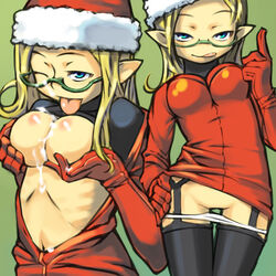 artist_request black_legwear blonde_hair breasts capcom christmas cleavage clothes cosplay cum elf eyewear facial female female_only garters glasses gloves hair hat humanoid lingerie naughty_face open_clothes open_shirt original panties panty_pull pointy_ears pussy santa_hat sexy_silvia shirt shirt_lift silvia_(viewtiful_joe) skirt skirt_lift solo thighhighs tongue uncensored underwear undressing unzipping viewtiful_joe white_panties