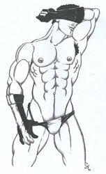 1boy abs batman_(series) christian_(artist) dc dc_comics dick_grayson human male male_nipples male_only male_thong monochrome muscles muscular_male nightwing pecs penis_bulge smooth_skinned_male solo undressing