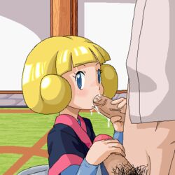 1girls 2boys blonde_hair blue_eyes blush cum double_handjob fellatio female frontier_brain greta_(pokemon) handjob multiple_boys multiple_females nintendo oral pokemon pokemon_rse short_blonde_hair short_hair