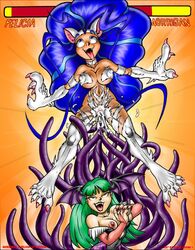 clitoris clothing cum darkstalkers felicia_(darkstalkers) large_breasts medium_breasts morrigan_aensland succubus tagme tentacle tentacles tiger_skunk