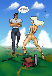 ass barefoot black_hair blonde_hair bottomless breasts butt clark_kent clothed clothed_male clothed_male_nude_female clothes clothing clouds completely_nude day dc_comics dcau dialogue english english_text feet linda_danvers long_hair miravi naked no_bra no_panties no_underwear nude nude_female nudity outdoors outside sideboob signature simple_background sky speech_bubble supergirl superhero superheroine superman superman:_the_animated_series superman_(series) text topless uncensored