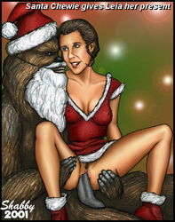 1boy 1girls 2001 beard body_fur bottomless bottomless_female brown_fur cheating chewbacca christmas christmas_outfit cowgirl_position dated erection eyeshadow facial_hair fake_beard female female-on_top footwear fur furry human humanoid interspecies lucasfilm makeup male partially_clothed princess_leia_organa pubic_hair red_clothing santa_costume santa_hat sex shabby_blue shaggy_fur shoes source_request spread_legs star_wars straight vaginal_penetration wookiee