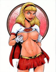 2005 belly blonde_hair blue_eyes breasts dc_comics female garrett_blair gloves hair leaning linda_danvers long_hair looking_at_viewer navel nipples red_lips red_skirt shirt_up skirt small_breasts standing supergirl superman_(series) topless white_gloves yellow_hair