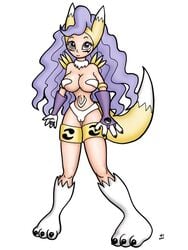 00s 1girls 2000s 2004 artist_request cosplay darkstalkers digimon digimon_(cosplay) felicia_(darkstalkers) female female_only medium_breasts purple_hair renamon renamon_(cosplay) solo solo_female white_background