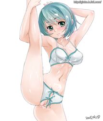 bra breasts bukkake crotchless_panties cum cum_on_body cum_on_hair dated female ginko_(silver_fox) leg_up looking_at_viewer mahou_shoujo_madoka_magica miki_sayaka panties pussy pussy_juice solo uncensored underwear underwear_only watermark web_address