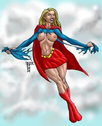 2004 blonde_hair blue_eyes breasts clothes dc_comics die female hair long_hair looking_at_viewer navel nipples smile solo supergirl superman_(series) torn_clothes