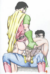 2boys anal balls ballsack batman_(series) black_hair blue_eyes body_hair bottomless christian_(artist) clark_kent dc dc_comics dick_grayson erection gay hairy_male human kal-el male male_only multiple_males open_pants penis robin_(dc) robin_(dick_grayson) scrotum sitting_on_penis superman superman_(clark_kent) superman_(series) testicles topless veiny_penis yaoi