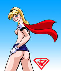 1girls ass blonde_hair blue_eyes breasts comerotica dc dc_comics dcau female female_only gloves hairband justice_league linda_danvers long_hair looking_at_viewer looking_back nipples oni_(artist) solo supergirl superman:_the_animated_series superman_(series) topless