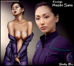 1girls abs artist_name character_name english_text female female_only fingering hoshi_sato human linda_park looking_at_viewer medium_breasts navel shabby_blue solo solo_female star_trek star_trek_enterprise starfleet_uniform text undressing