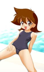 1girls artist_request bakuten_shoot_beyblade beyblade breasts brown_hair female flat_chest hilary_tachibana human light-skinned_female light_skin one-piece_swimsuit short_hair solo swimsuit tagme