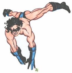 1boy artist_signature batman_(series) black_hair boots christian_(artist) dc dc_comics dick_grayson gloves human male male_only male_thong muscles muscular_male nightwing solo