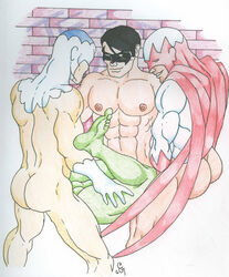 2007 4boys anal batman_(series) beast_boy boner changeling christian_(artist) dc dc_comics dick_grayson erection foursome garfield_logan gay green_skin group_sex hawk human male male_nipples male_only multiple_males nightwing nude penis straight_hair teen_titans yaoi