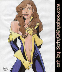 1girls 2004 brown_hair dated female female_only gloves kitty_pryde long_hair looking_at_viewer marvel marvel_comics navel satyq shadowcat signature solo straight_hair superheroine x-men