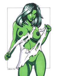 1girls 2006 avengers big_breasts breasts female female_only garrett_blair green_hair green_skin hulk_(series) marvel marvel_comics nipples pussy ripping_clothing she-hulk solo tearing_clothes tearing_off_own_clothes